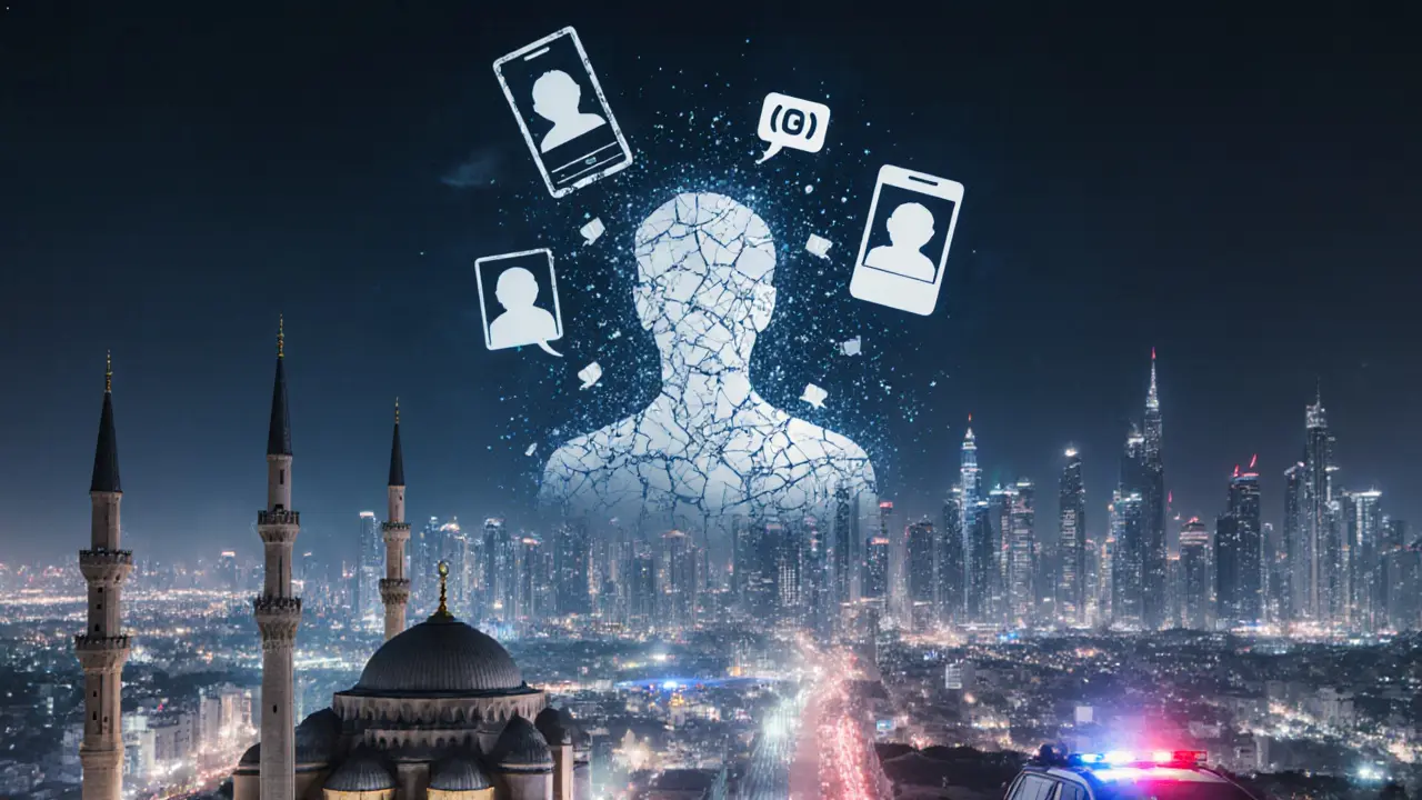 A ghostly silhouette dissolving into digital fragments above Dubai's skyline.