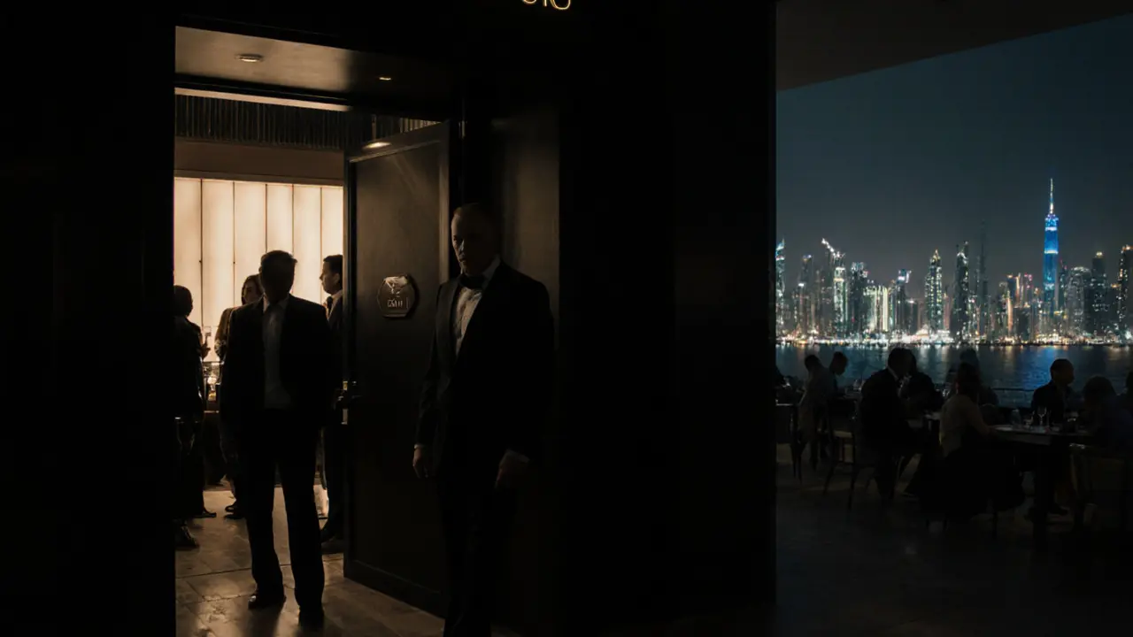 A hidden entrance to an exclusive Dubai club, guarded by security, with no signage, only a dark door and the glowing city skyline in the background.