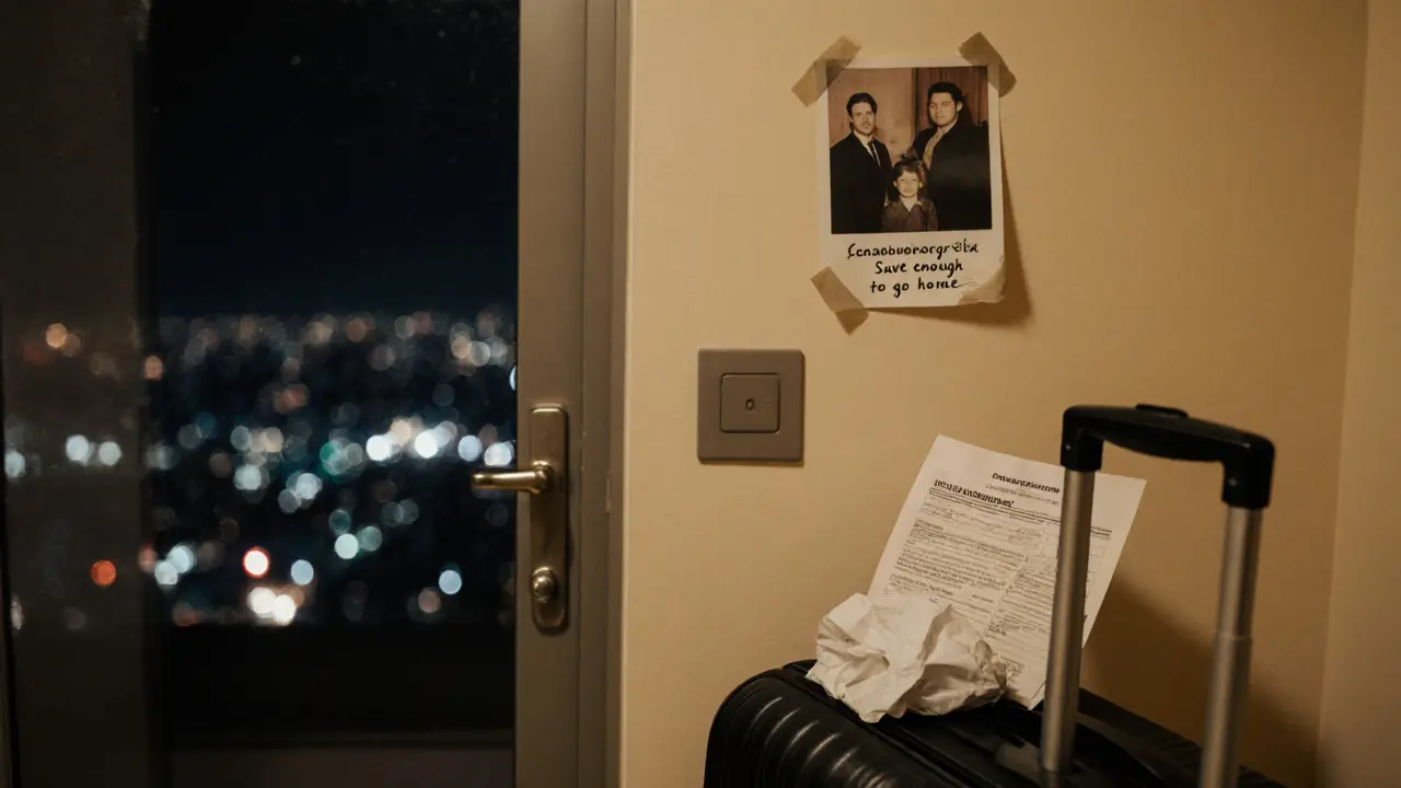 A lone suitcase and a faded family photo beside a job application in a sparse Dubai apartment.