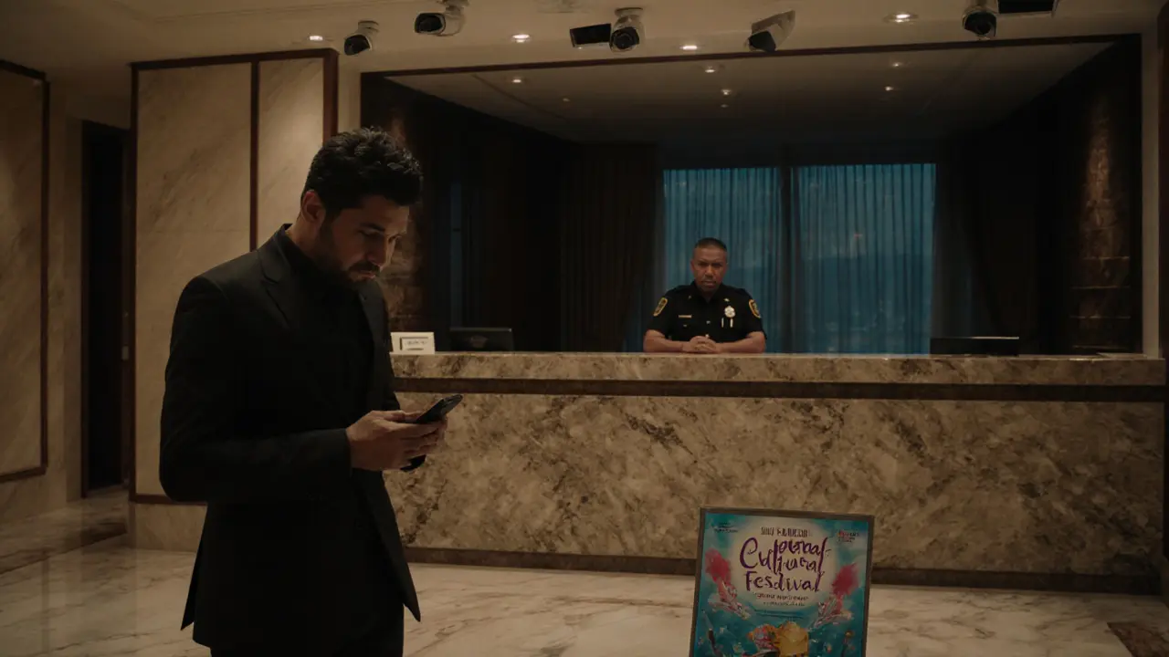 A man in a Dubai hotel lobby glances at his phone as security watches, while a cultural event flyer sits nearby.