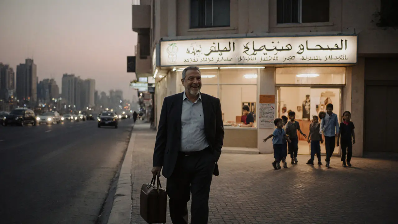 A man walking past a language school in Dubai at dusk, living a quiet, rebuilt life.