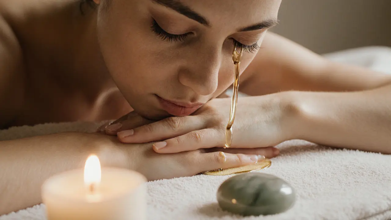 A person&#039;s hands on their chest, eyes closed, tears falling during a therapeutic massage, surrounded by soft candlelight and towels.
