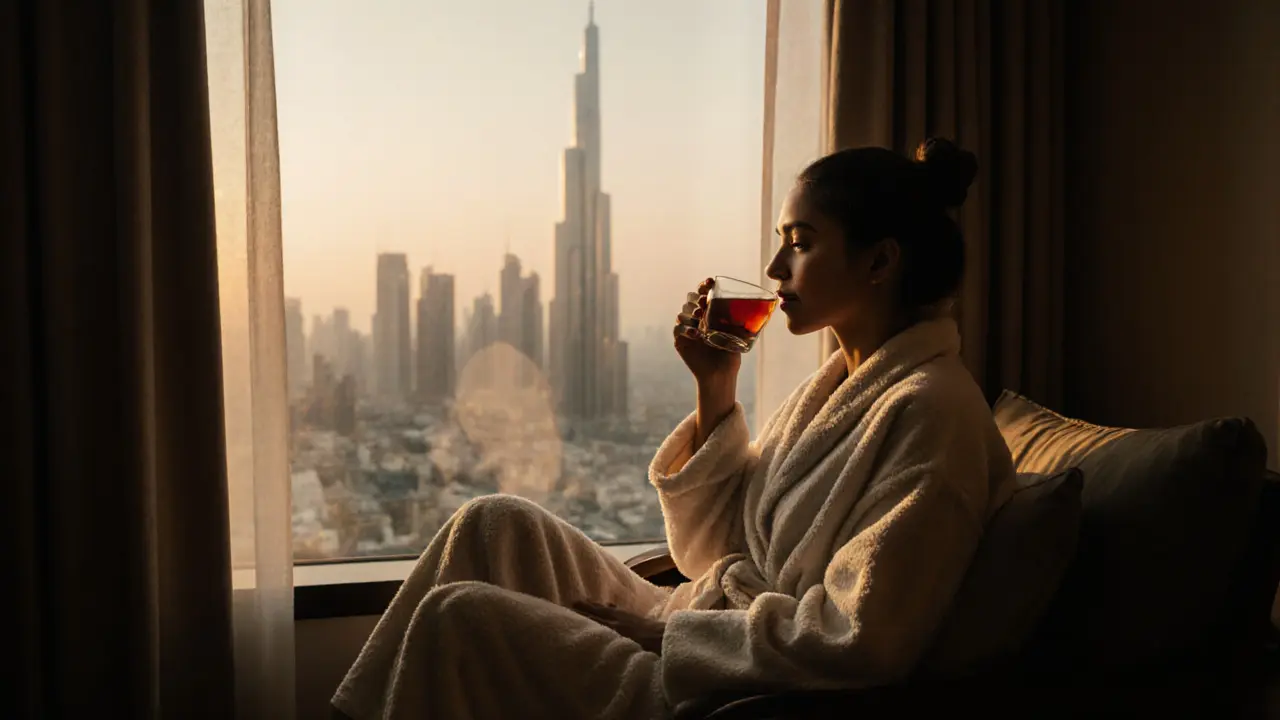 A person in a robe sipping tea while gazing at Dubai’s skyline at dusk, alone in a quiet lounge.