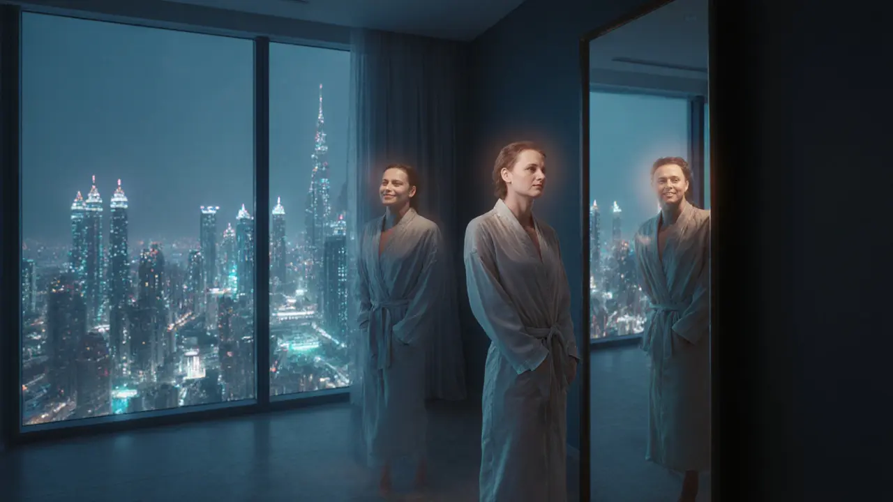 A person stares at their reflection in a mirror, ghostly versions of themselves fading around them.