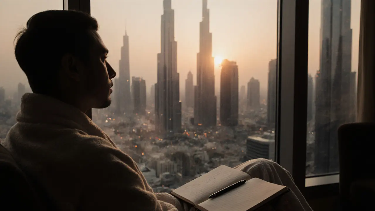 A person wrapped in a robe gazes at Dubai’s sunrise skyline, journal open, expressing emotional peace after a transformative session.