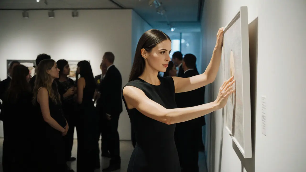 A poised companion in a black dress subtly engages with art at a high-society gallery opening, blending into the background.