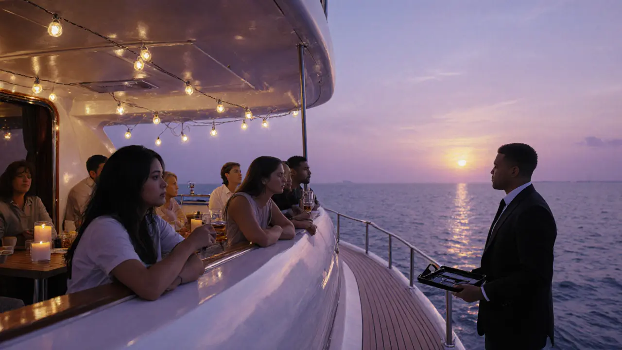 A private yacht at sunset with guests watching the horizon, security holding confiscated phones nearby.