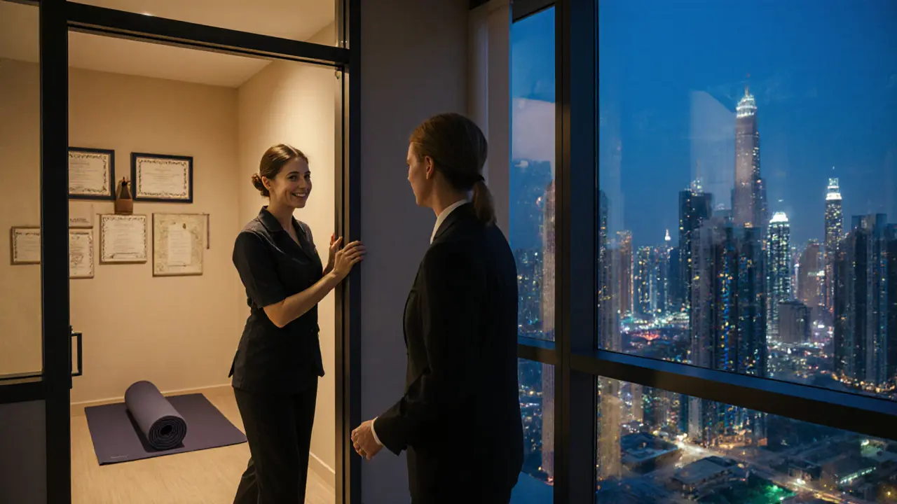 A professional therapist bowing to a client exiting a licensed wellness center in Dubai, with yoga and certifications visible inside.
