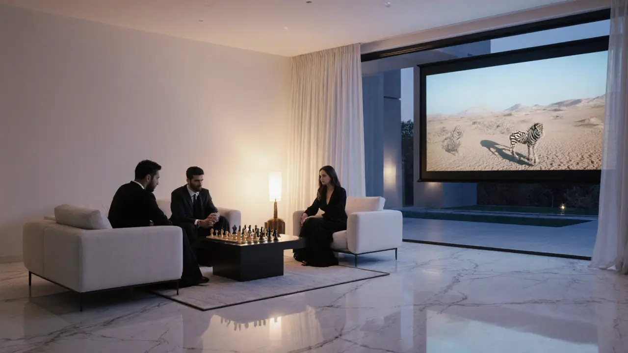 A quiet game of chess in a minimalist villa, with a well-known performer among guests watching a documentary.