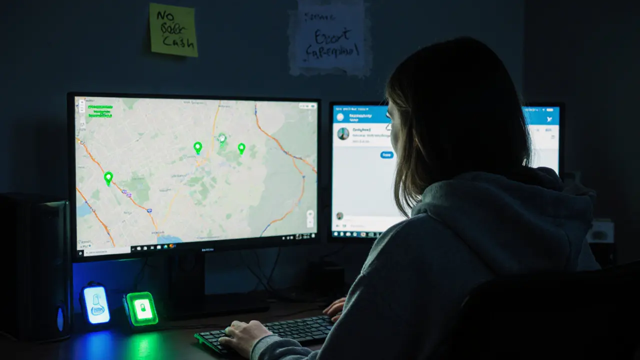 A sex worker monitoring safety apps on dual screens, with an emergency button visible on her desk.