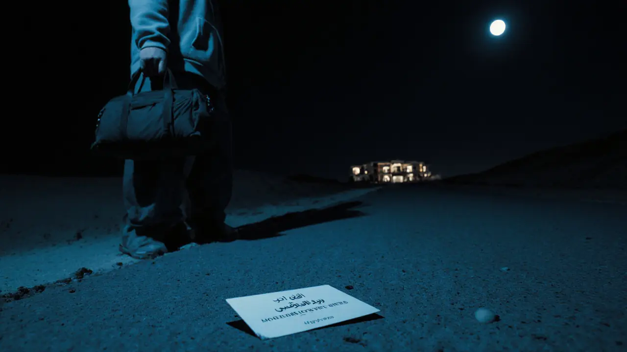A shadowy figure in a hoodie standing near a desert road at night with a camera bag.