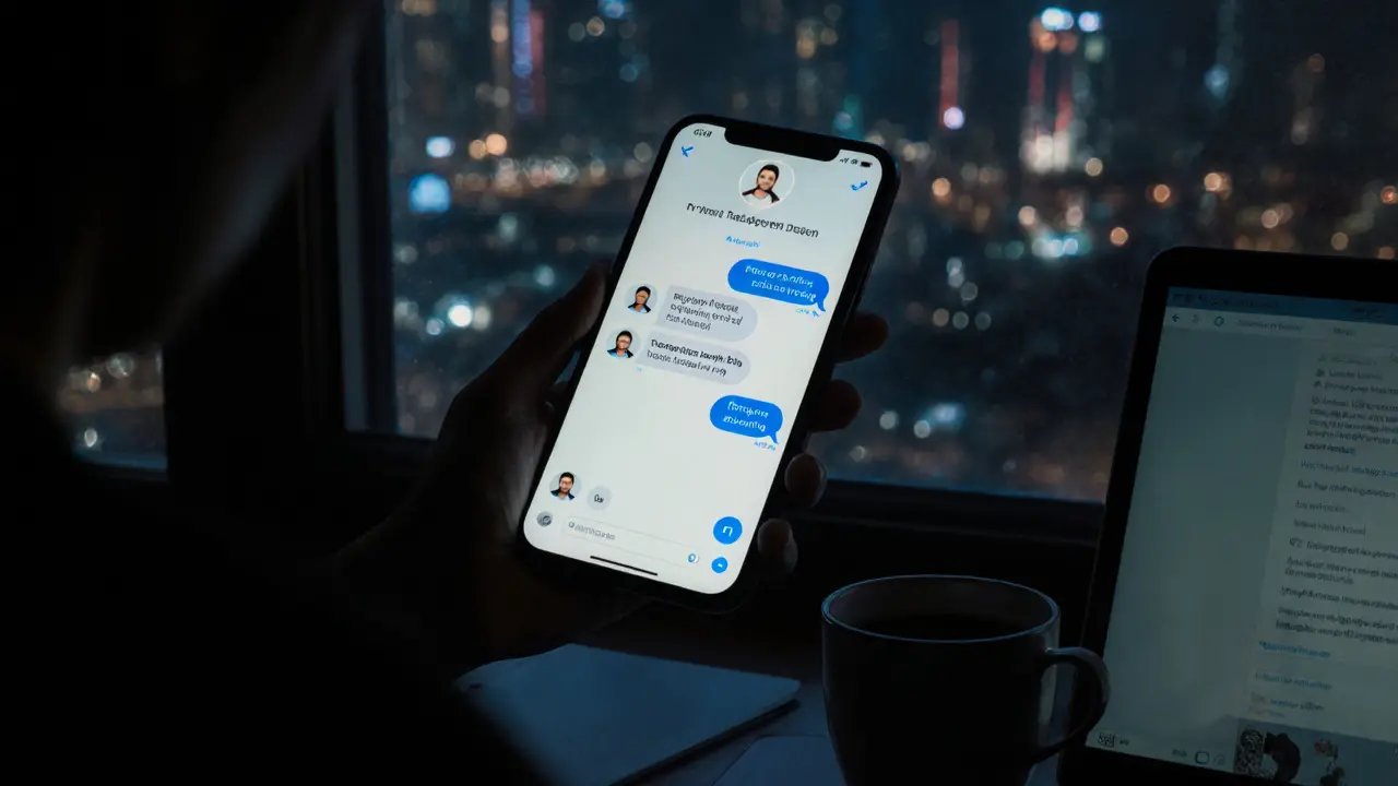 A smartphone screen reflecting a Dubai skyline, showing encrypted messages in a dark room.