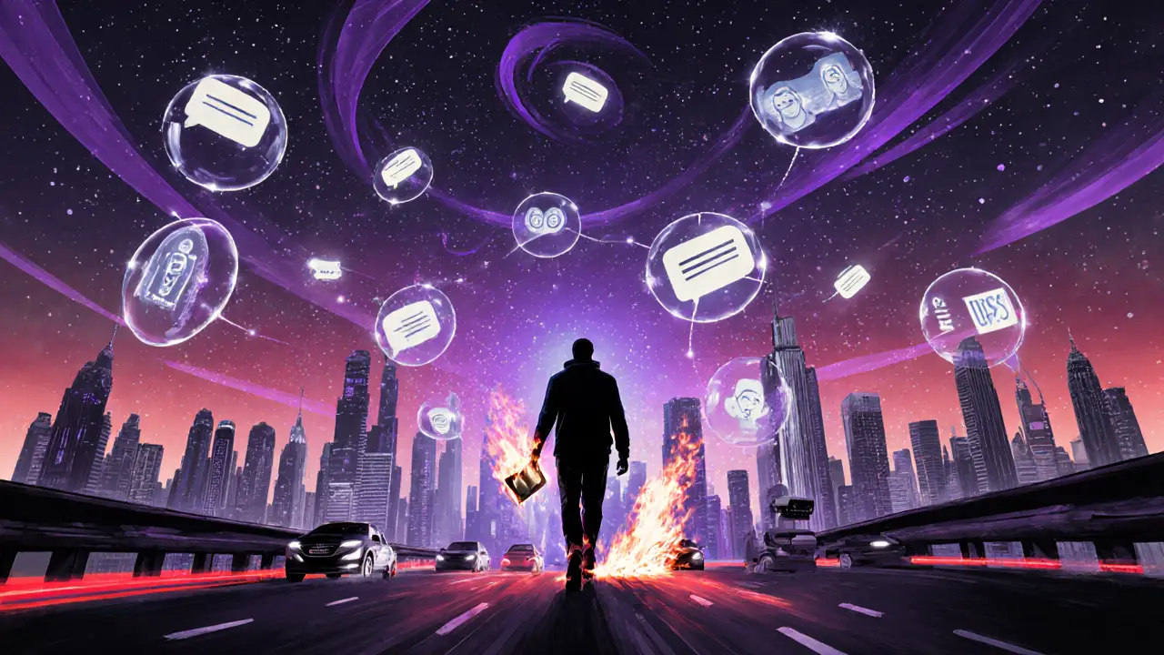 A surreal digital skyline of Dubai with encrypted messages, AI avatars, and surveillance beams overhead.