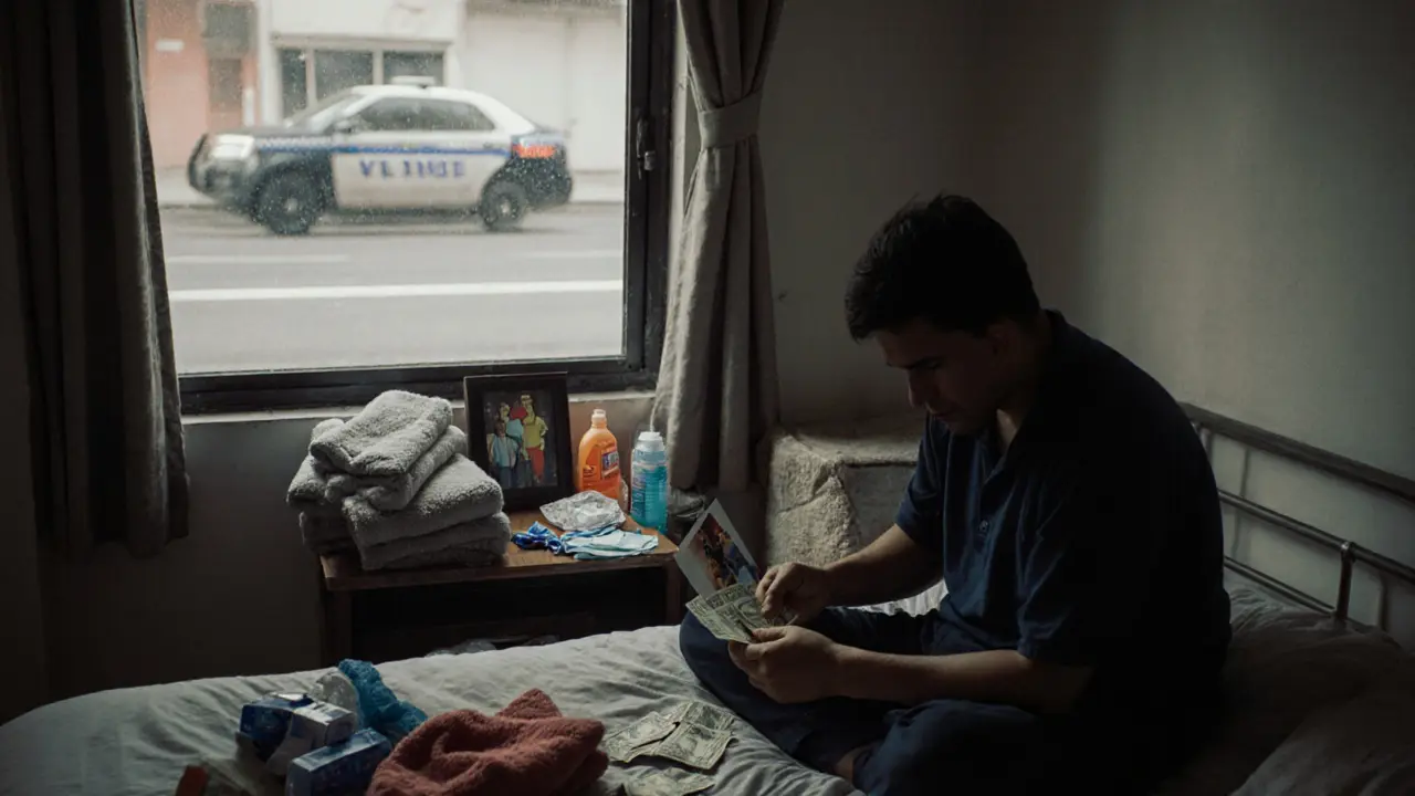 A tired foreign worker counting cash in a modest Dubai apartment, with a photo of family and police car outside.