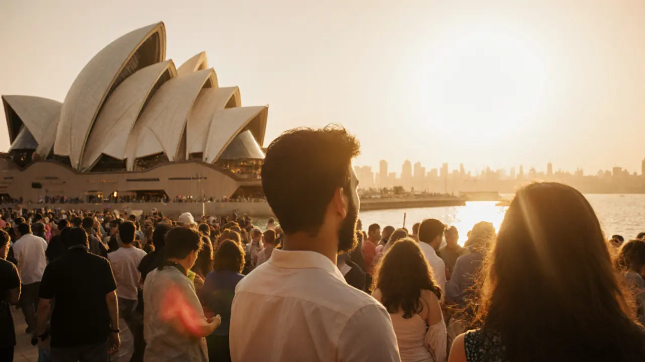 A visitor enjoying live music at Dubai Opera, surrounded by a lively, culturally rich crowd.