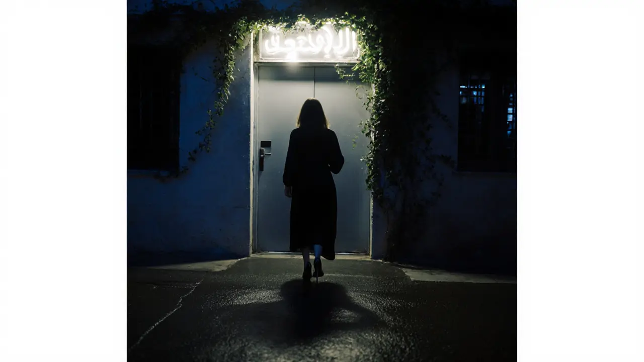 A woman's silhouette walking into a private studio at dusk, her heel pressing into wet pavement, shadow merging with a doorway.
