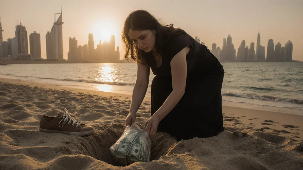 A woman buries cash on a Dubai beach at dawn, skyline behind her, alone and exhausted.
