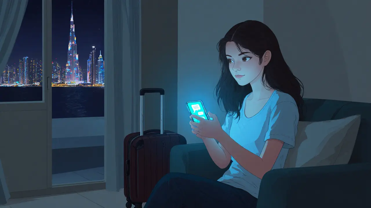 A woman in a Dubai apartment using a smartphone with WhatsApp messages, the Burj Khalifa visible outside.