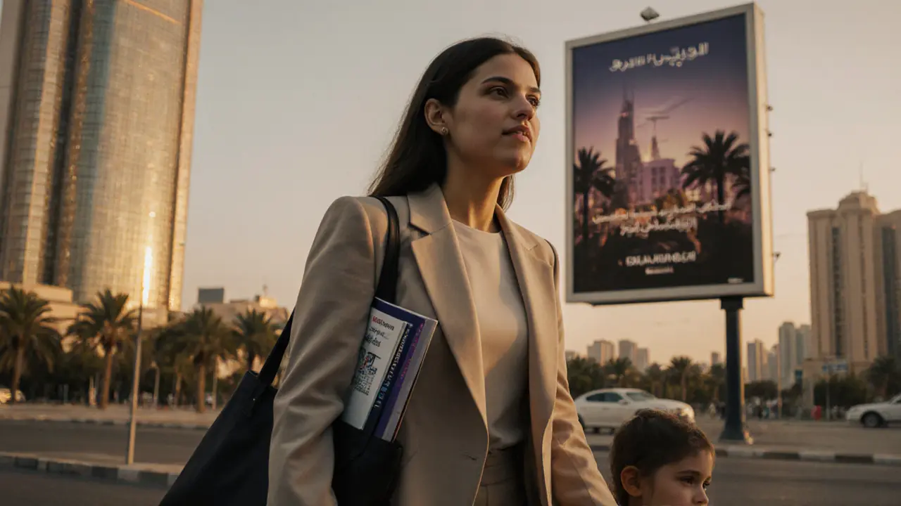 A working mother walks past Dubai’s luxury mall with her child, a nursing book in her bag.