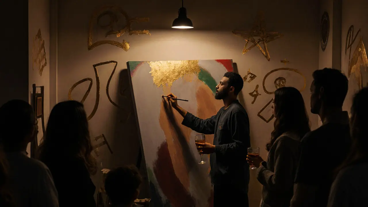 An artist painting LGBTQ+ symbols in a quiet studio while others observe silently.
