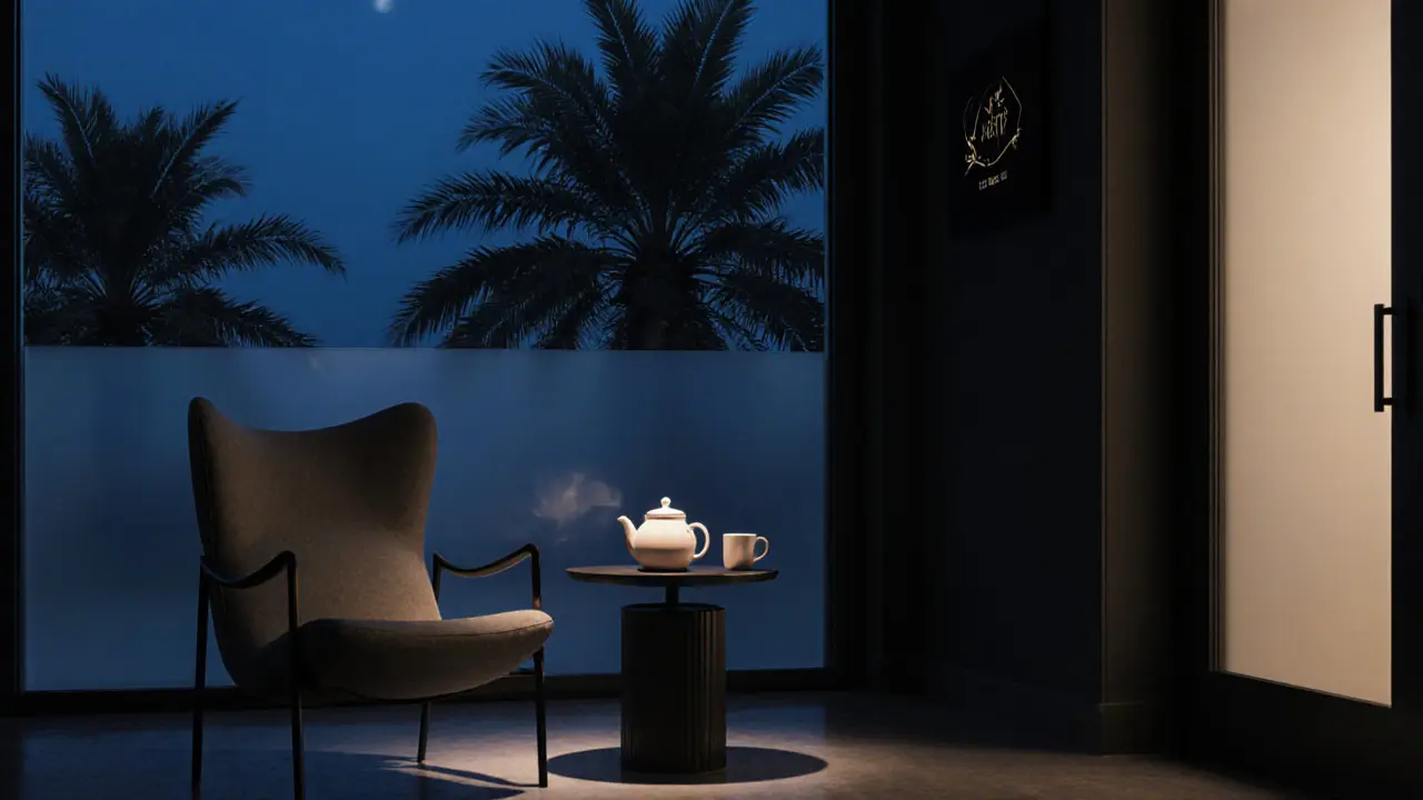 An empty quiet waiting area outside a discreet wellness suite in Dubai, with a teapot on a table and frosted window glow.