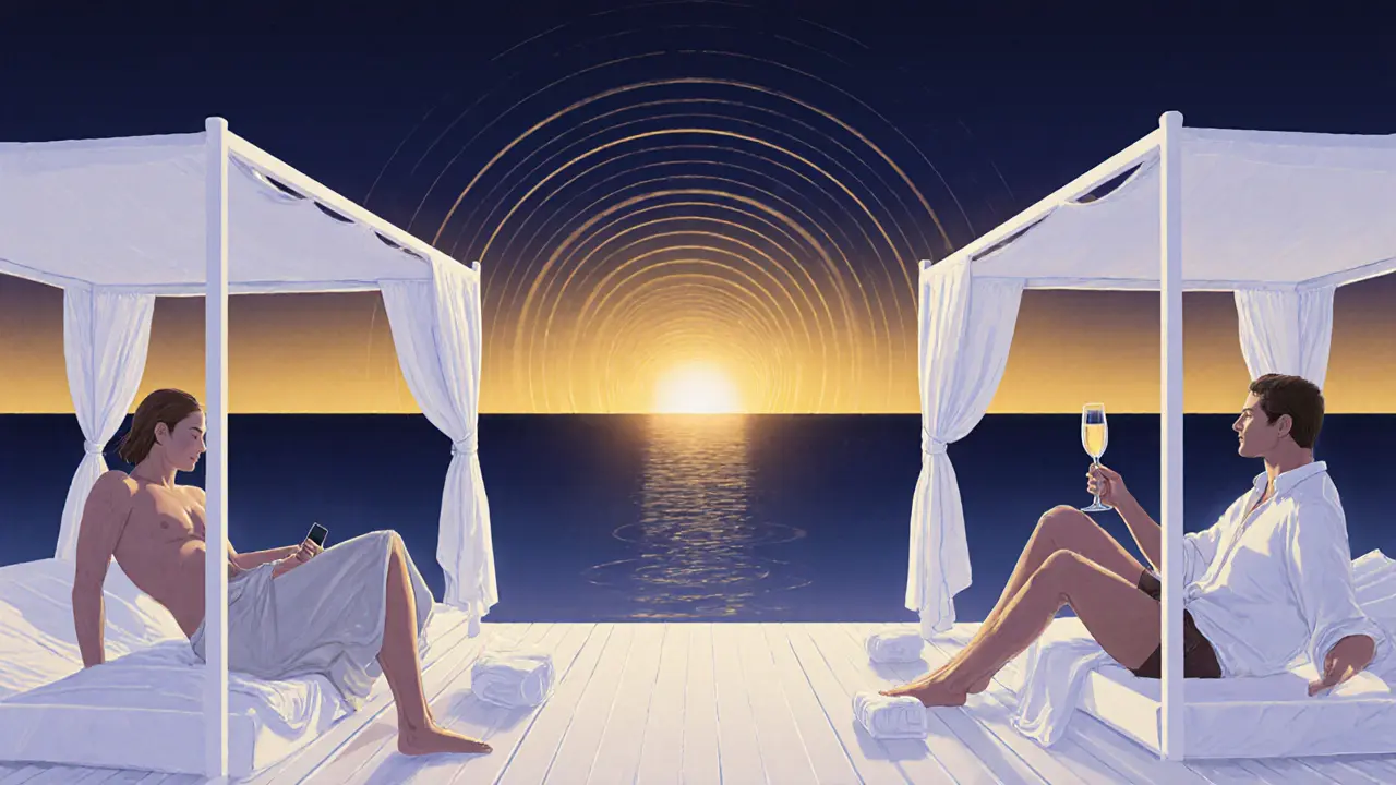 Beach club at dusk with white cabanas and guests enjoying twilight in designer attire.