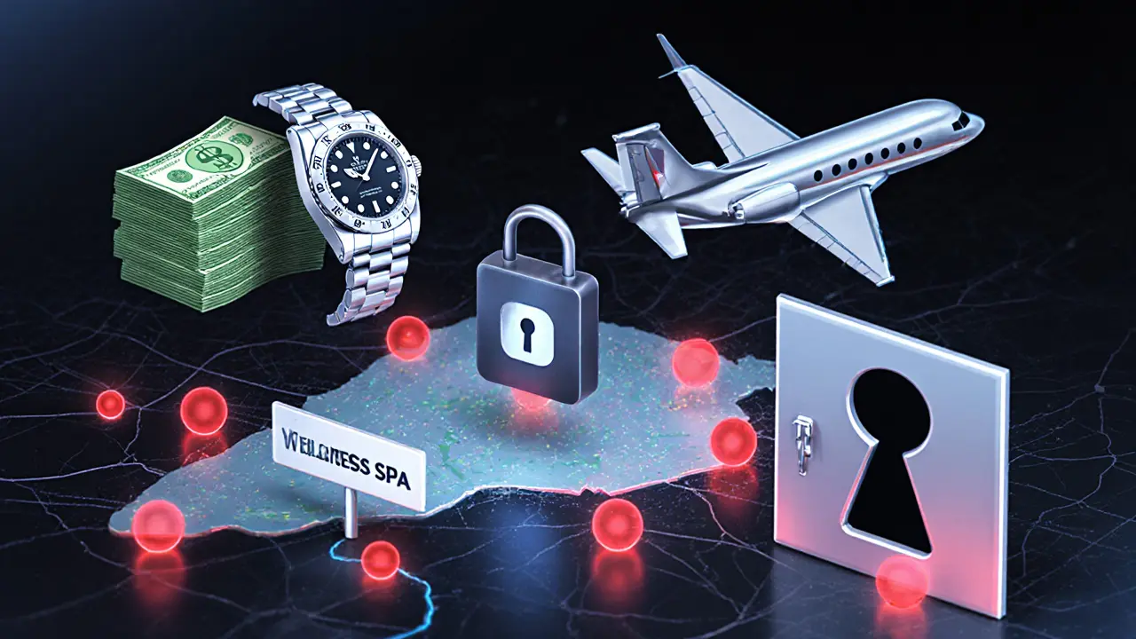 Conceptual symbols of money, crypto, and luxury linked to hidden wellness businesses across Dubai.