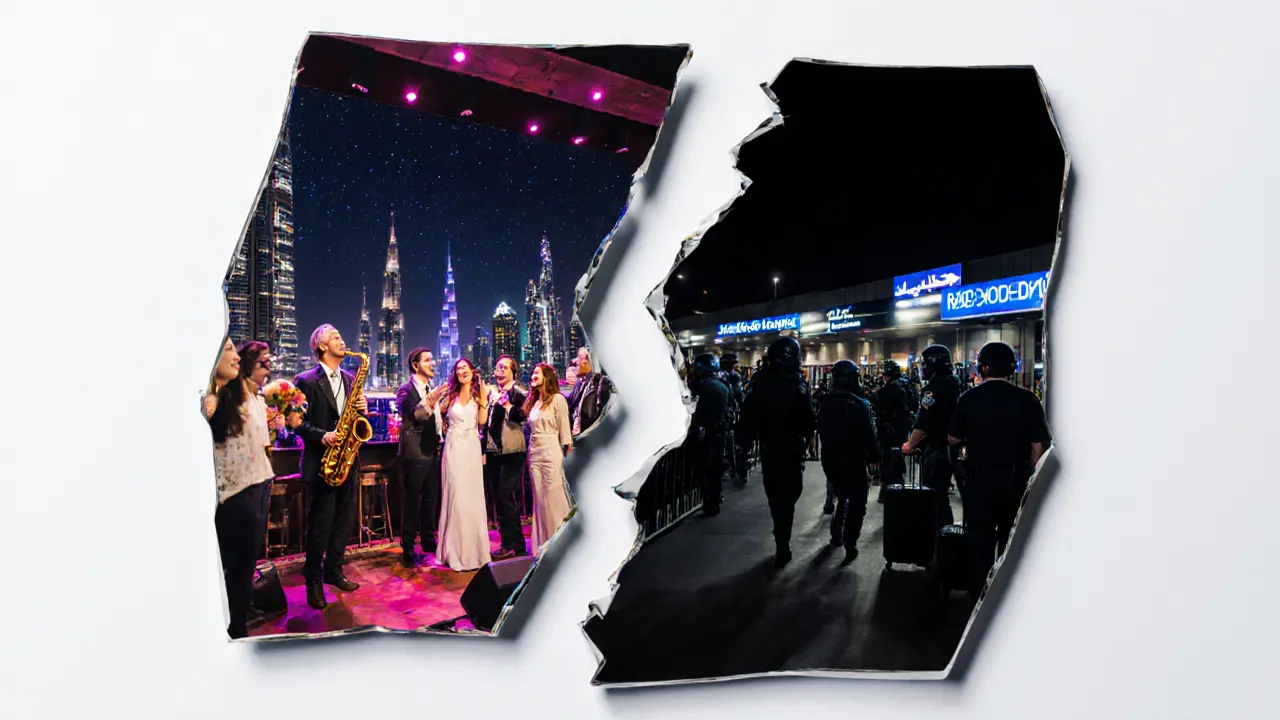 Contrasting scene: vibrant legal nightlife vs. deportation at airport, symbolizing cultural respect versus consequence.