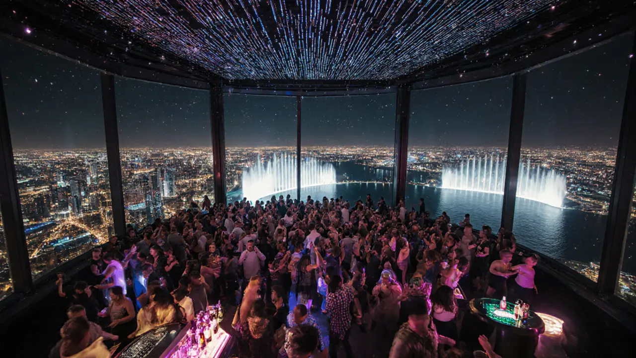 Crowd dancing at Atmosphere nightclub high above Burj Khalifa with glittering city view below.