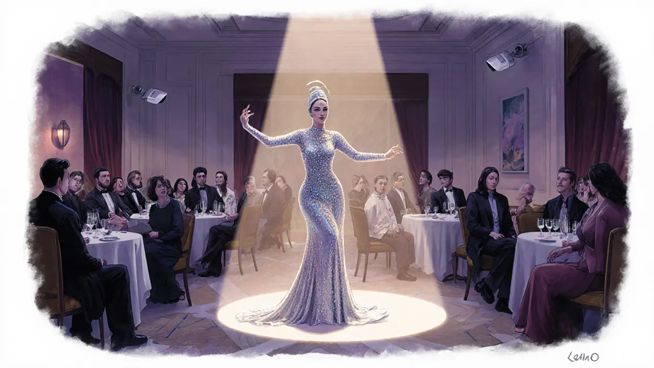 Dancer in full costume performing gracefully in a private Dubai hotel lounge, guests seated respectfully, no exposure.