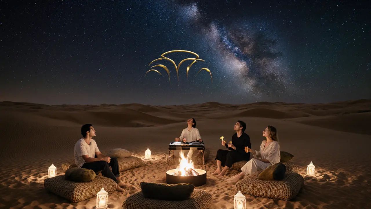 Desert gathering around a fire pit under the Milky Way with lanterns and ambient music.