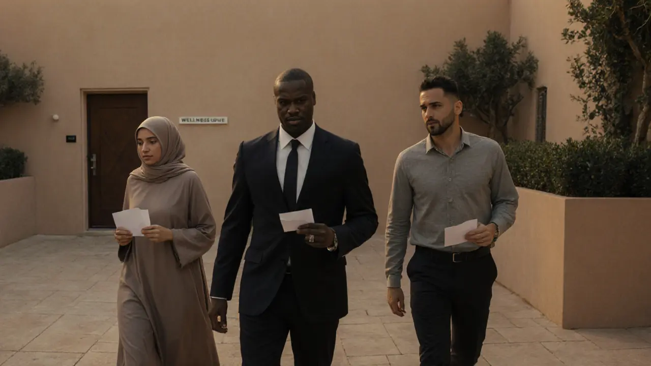 Diverse individuals walking quietly through a Dubai courtyard at dusk, approaching a discreet wellness entrance with dignity and calm.