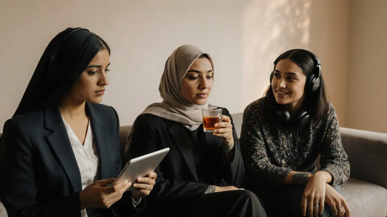 Diverse women in a quiet lounge, each dressed differently, exuding independence and personal choice.