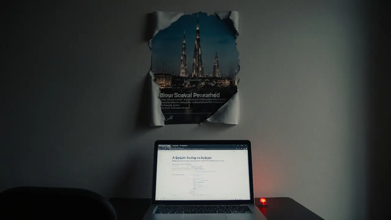 Empty Dubai apartment with laptop displaying a VPN block warning and peeling poster.