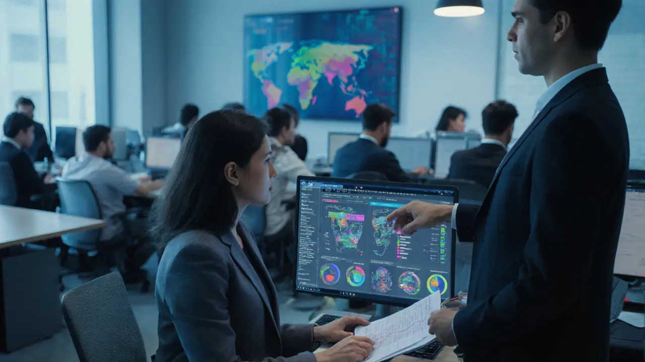 Expats collaborating in a Dubai co-working space, reviewing global payment systems on screens.