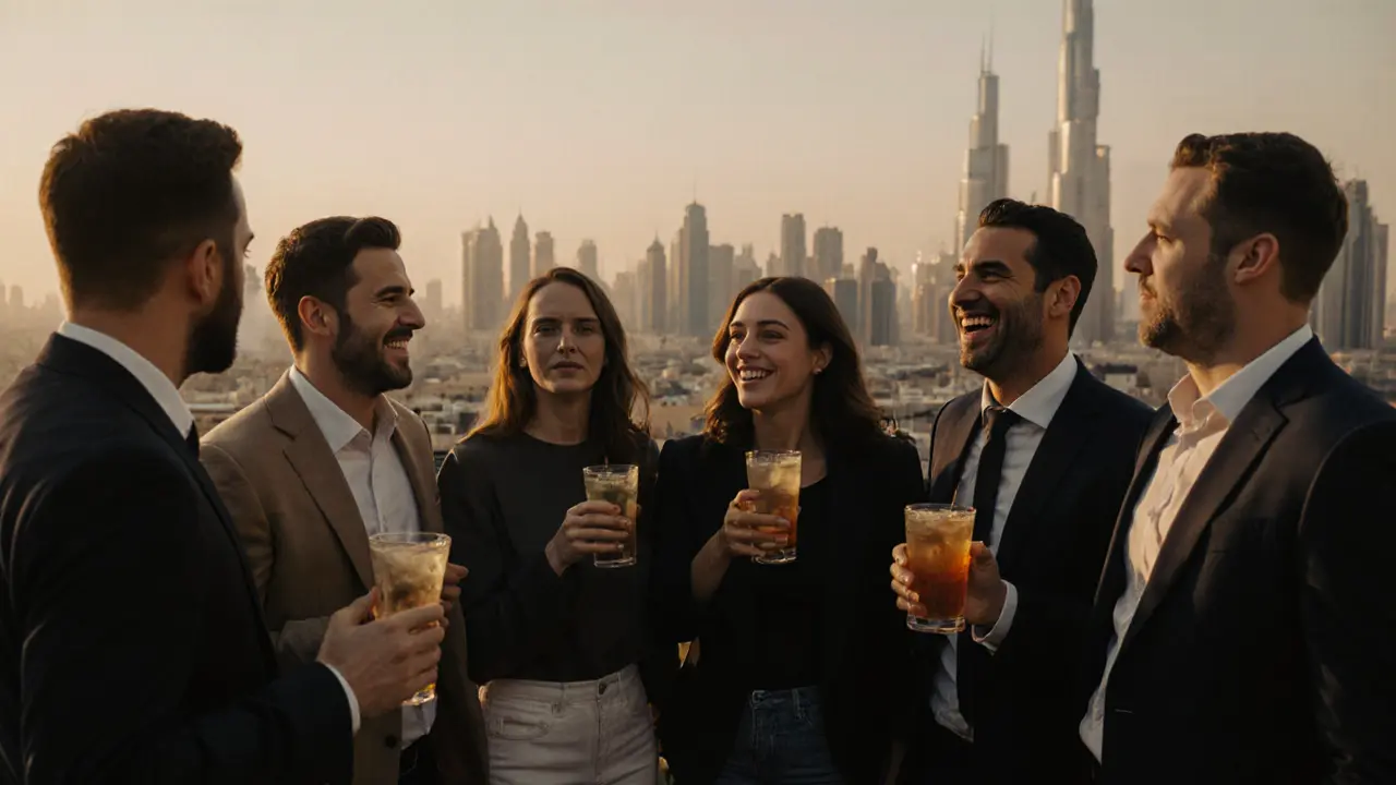 Expats socializing safely at a licensed Dubai rooftop lounge with city views.