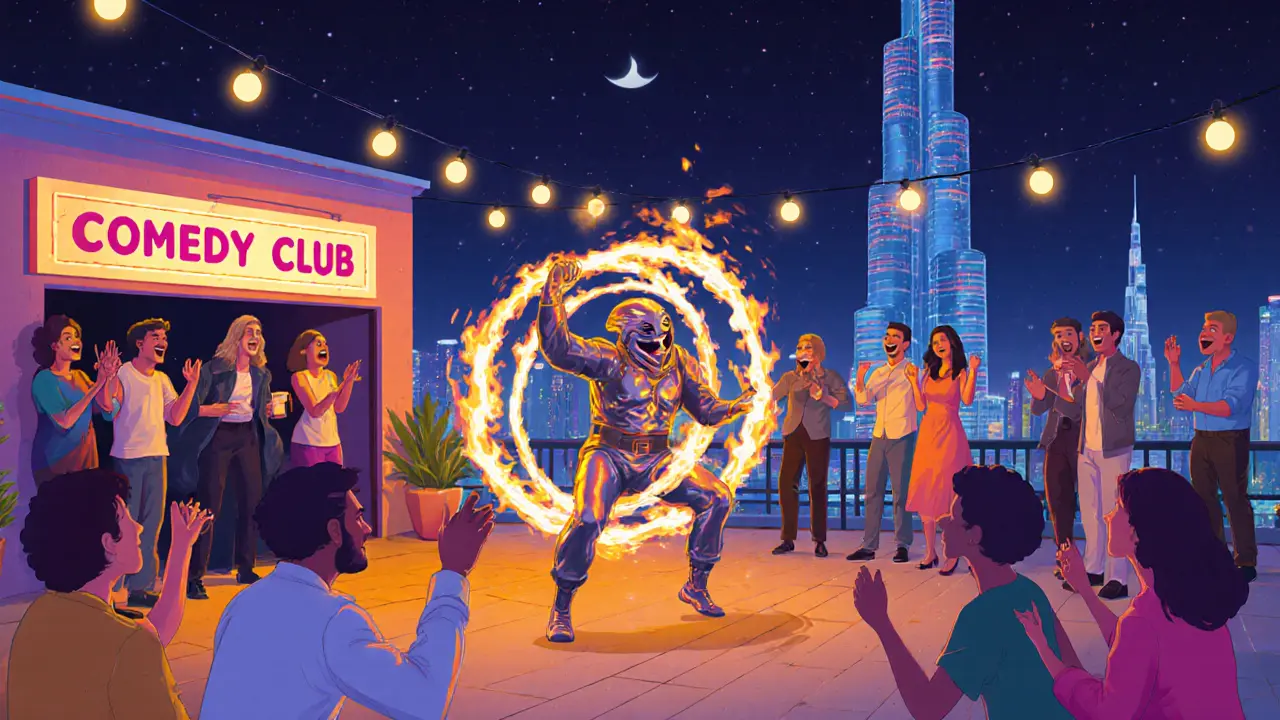 Fire dancer performing at a rooftop venue in Dubai with Burj Khalifa in background, crowd enjoying live entertainment.