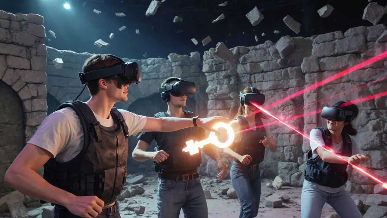 Friends in VR gear exploring an immersive digital world, haptic suits and headsets, blending real and virtual environments.