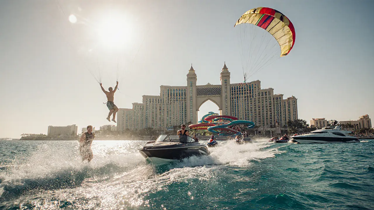 Friends on a private speedboat near Palm Jumeirah, jet skiing and parasailing in turquoise waters.