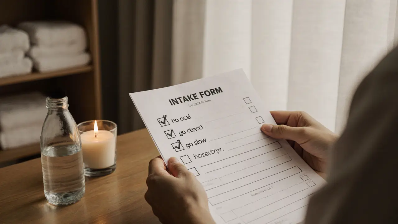 Hands holding a boundary checklist on a wooden table with water and a candle, soft natural light.