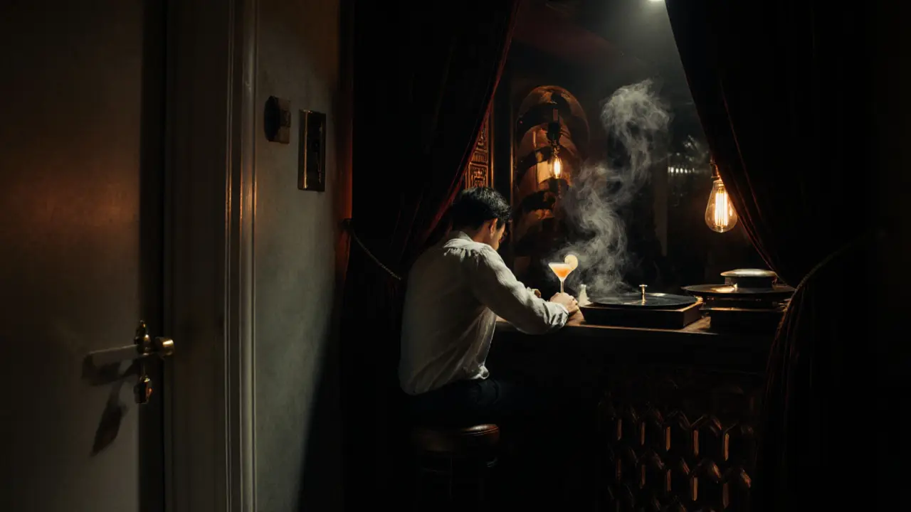 Hidden speakeasy bar with copper accents and dim lighting, entrance disguised as a laundry room.