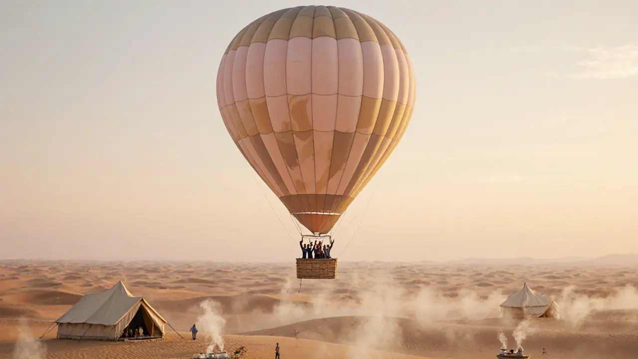 Hot air balloon floating over golden desert dunes at sunrise, peaceful and serene.