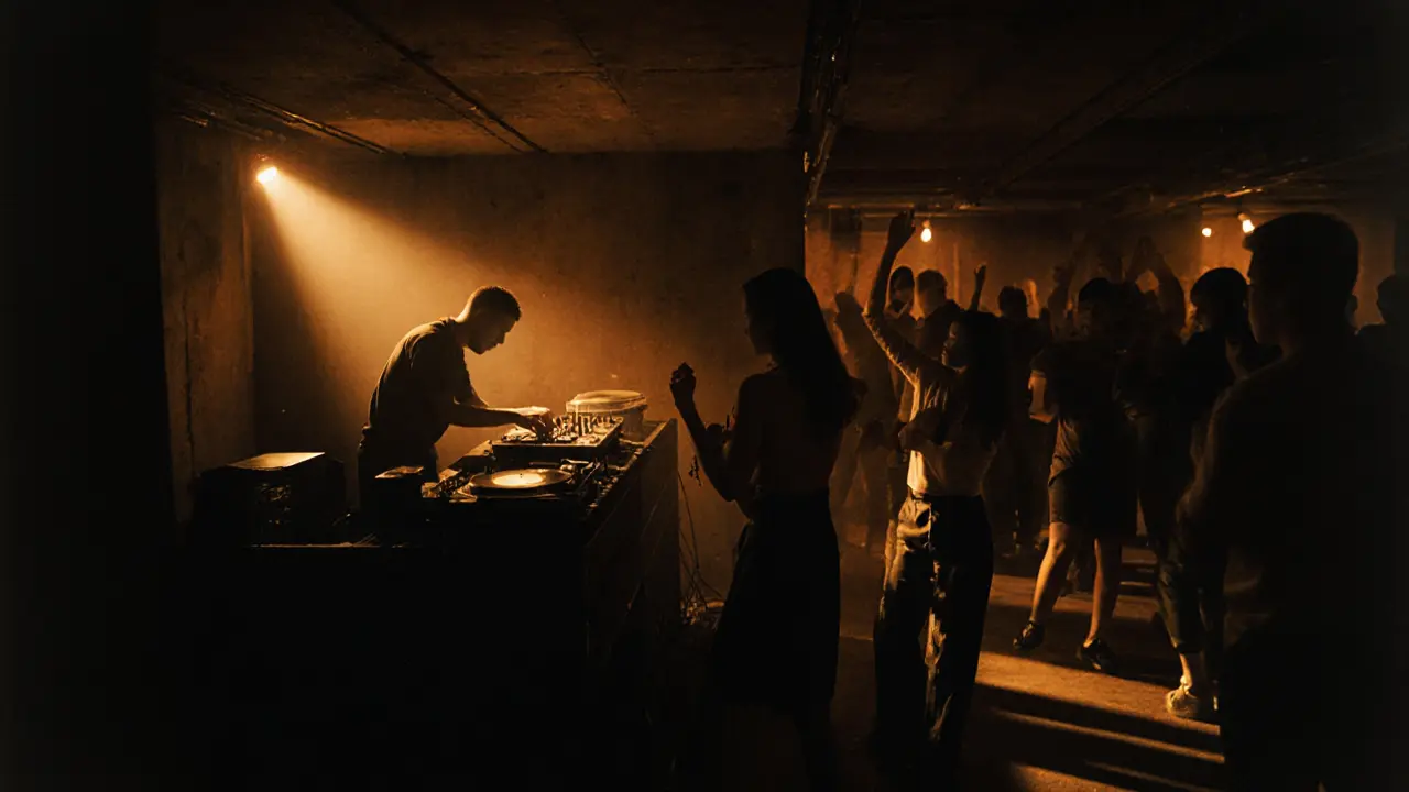 Intimate underground techno party at Level 43 with moody lighting and industrial decor.