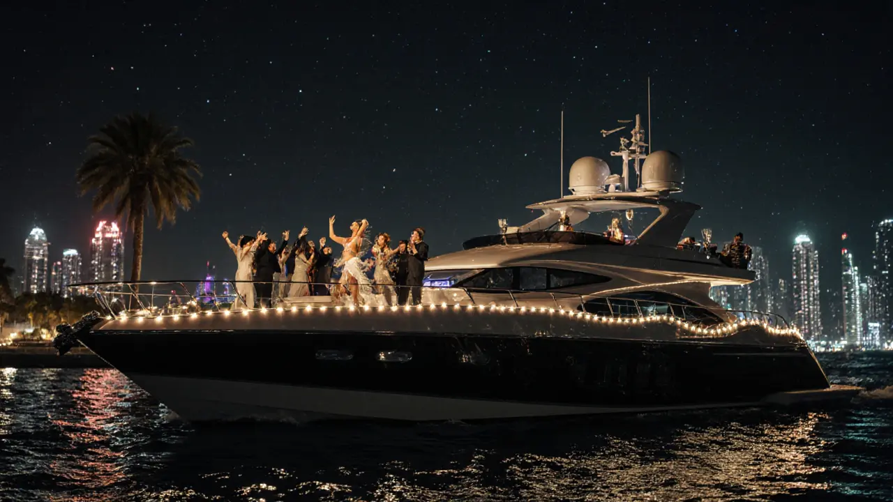 Luxury yacht cruising Dubai Marina at night, guests dancing under lights, belly dancer on deck, skyline glowing behind.