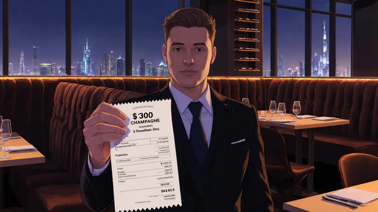 Man holding a champagne bottle receipt with free drink offer, seated in a velvet VIP booth under warm lighting.