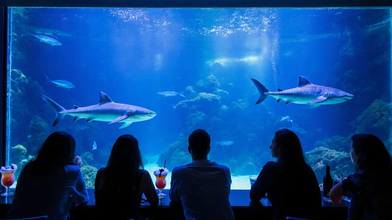 Patrons at an underwater bar surrounded by sharks and coral, lit by soft blue ambient light.
