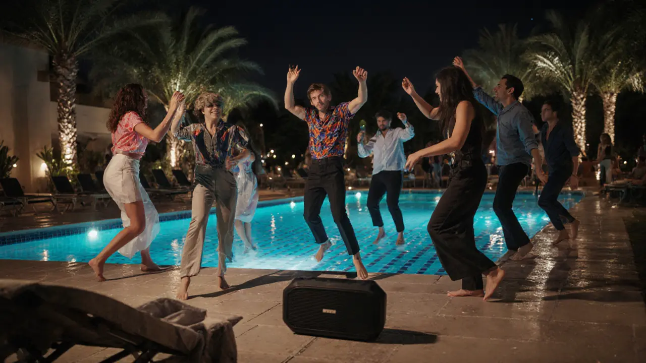 People dancing barefoot around a lit pool at a private villa party at night.