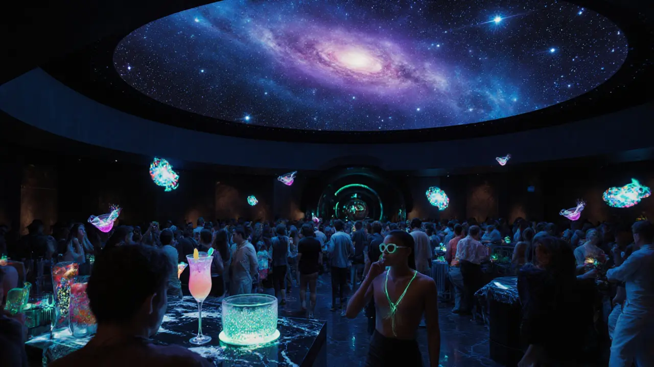 People in glowing attire beneath a star-filled dome projection in a futuristic rooftop bar.