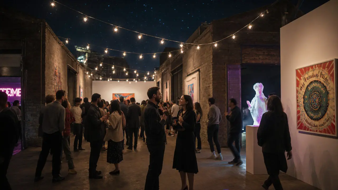 People socializing at an art event in Alserkal Avenue under string lights and modern sculptures.