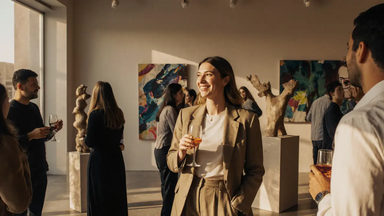 People socializing at an art gallery in Dubai, enjoying culture and conversation in natural light.
